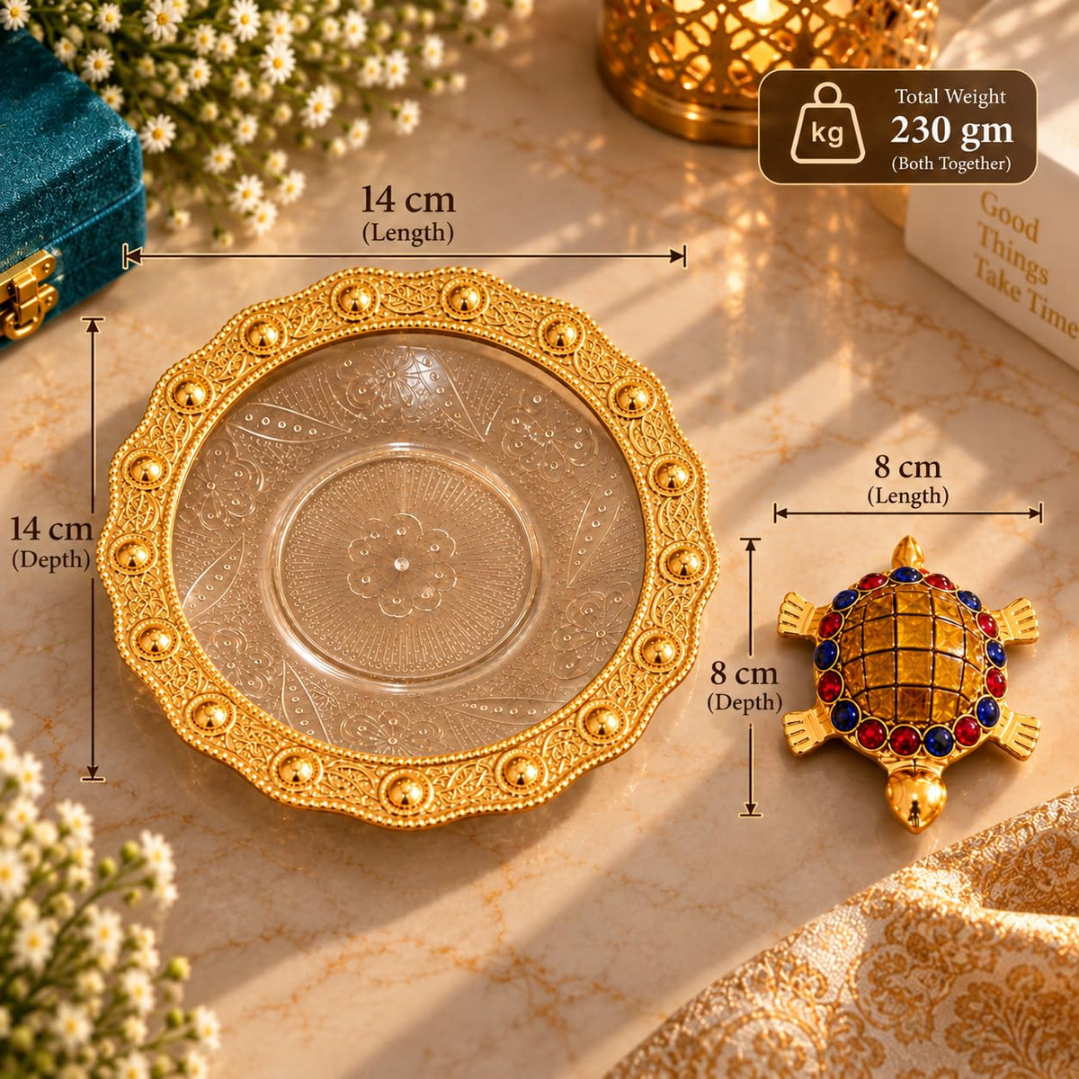KridayKraft Multicolour Stone-Studded Gold Tortoise Showpiece with 14 cm Designer Tray and Luxury Dark Teal Blue Gift Box, Tabletop Décor for Home, Office, Wedding, Anniversary and Housewarming Gift