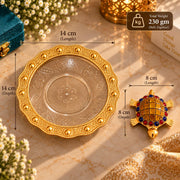KridayKraft Multicolour Stone-Studded Gold Tortoise Showpiece with 14 cm Designer Tray and Luxury Dark Teal Blue Gift Box, Tabletop Décor for Home, Office, Wedding, Anniversary and Housewarming Gift