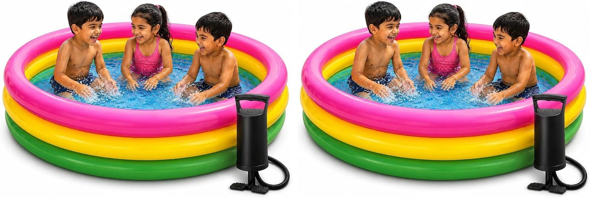 Toy Imagine 4 ft Round Inflatable Baby Pool – Sunset Glow 3 Ring Swimming Pool with Double Quick Air Pump | Mini Water Bath Tub for Kids | Swimming & Water Fun | Holi (Pack of 2)
