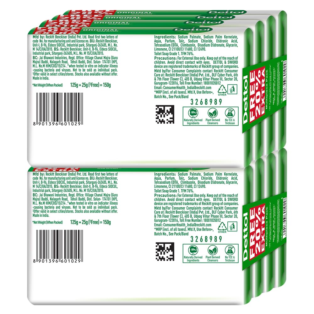 Dettol Original Germ Protection Bathing Soap Bar (1200gm) | Kills 99.99% germs, 125gm + 20% Extra Free, Pack of 8