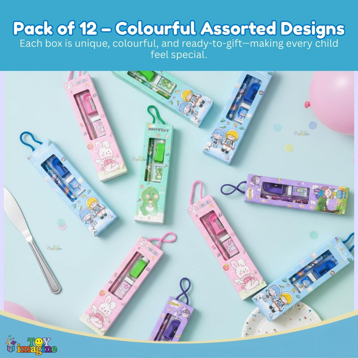 Toy Imagine Kids Stationery Kit for Birthday Return Gift | Pencils, Eraser, Scale & Sharpener | Ideal for School, Party Distribution, Kanjak, Festivals & Classroom Gifts (Pack of 12)