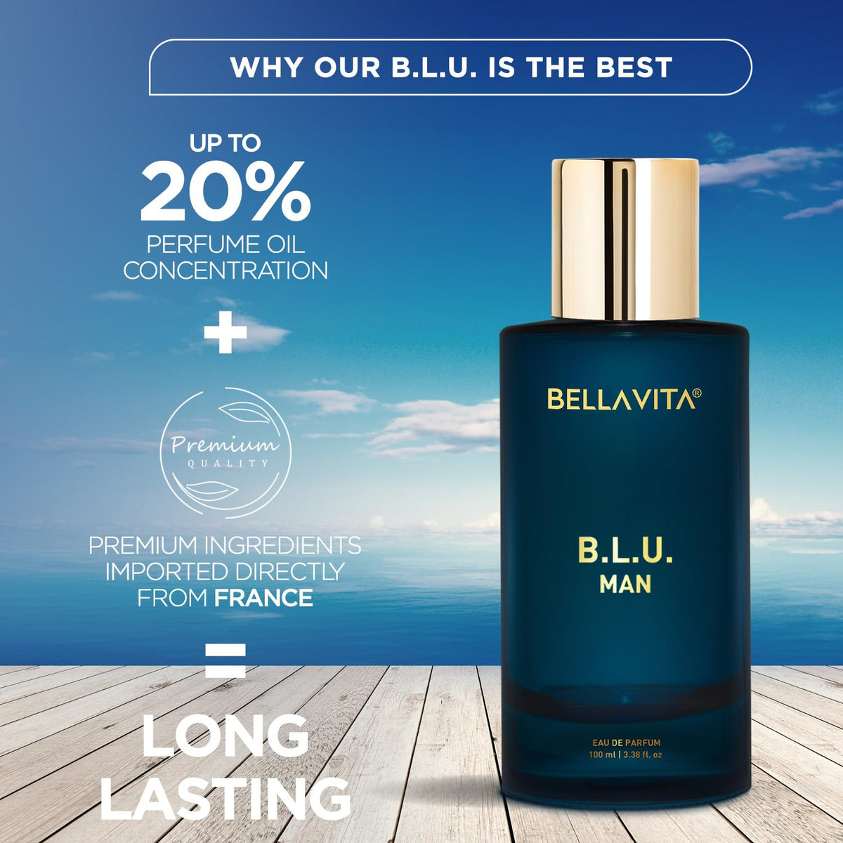 Bella Vita Luxury B.L.U Man Eau De Parfum Perfume with Lemon, Black Pepper, Orris, Musk|Premium, Long Lasting Fresh Aromatic Fragrance for Men, 100 ML