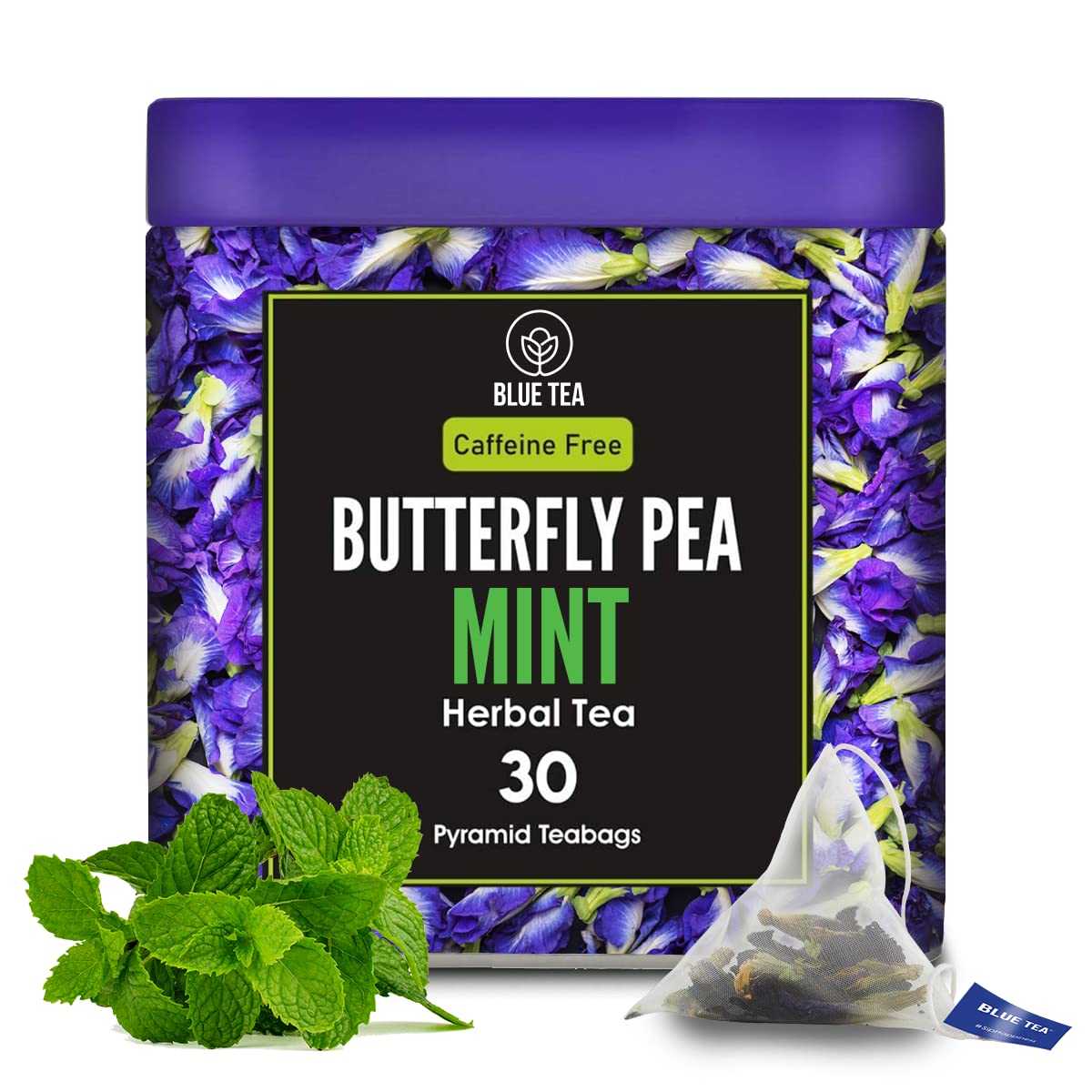 BLUE TEA - Butterfly Pea Mint Tea - 30 Tea Bags | REFRESHING BLEND | Aparajita - Shankhpushpi | Antioxidant - Flower Based - Herbal Tea - Caffeine-Free | Tin Pack