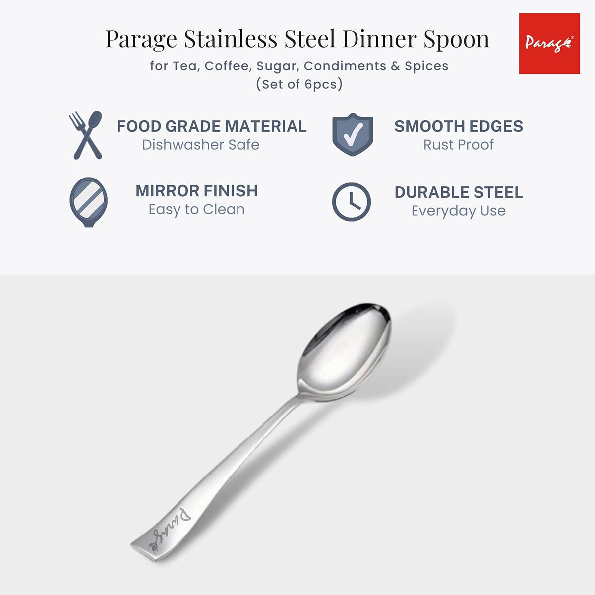 Parage 6 Pieces Stainless Steel Table Spoon Set for Home & Kitchen, 18.5 cm Long, Tea, Coffee, Sugar, Condiments & Spices, Dining Tableware Set, Silver
