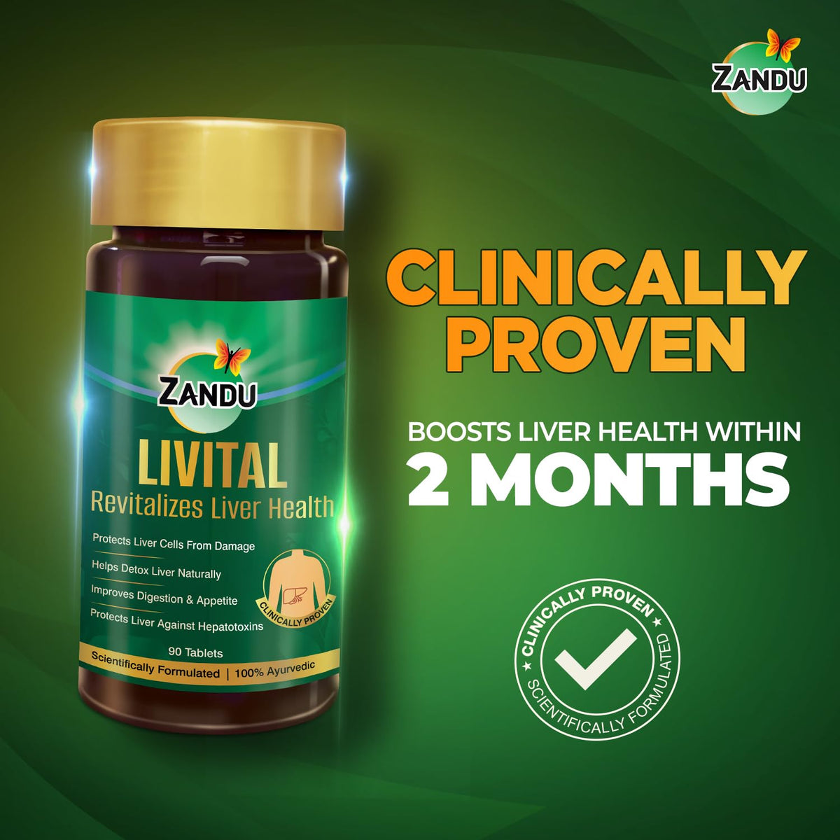 Zandu Livital Liver Detox Tablets – Clinically Proven for Liver Detox & Health Support in 2 Months | 90 Tabs X 2 | 100% Ayurvedic Formula with Bhringaraj & Guduchi | Ayurvedic Alternative to Milk Thistle