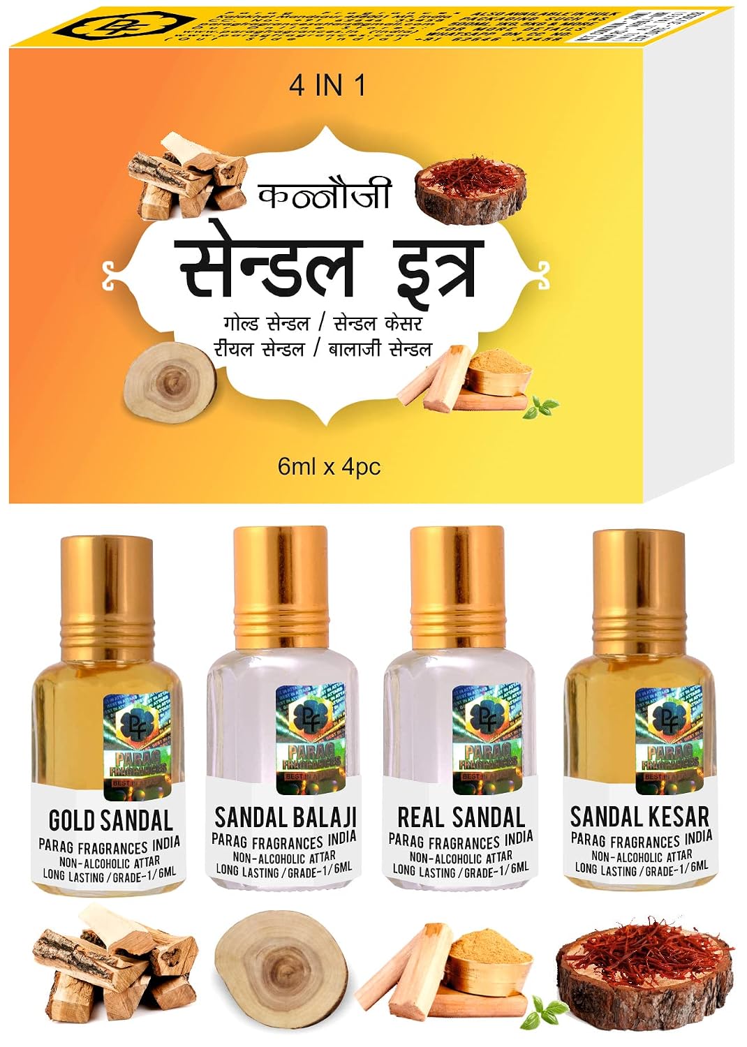 Parag fragrances Unisex Natural, Pure & Long Lasting Liquid Sandalwood Scented Attar Gift Set (Sandal 4 In 1),6 Ml