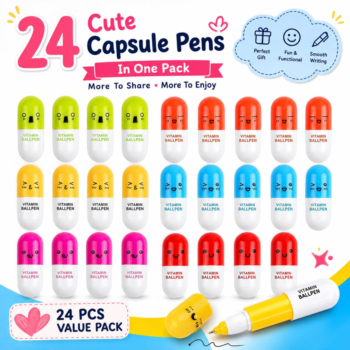 Toy Imagine Retractable Capsule Ball Pens for Kids, Pack of 24