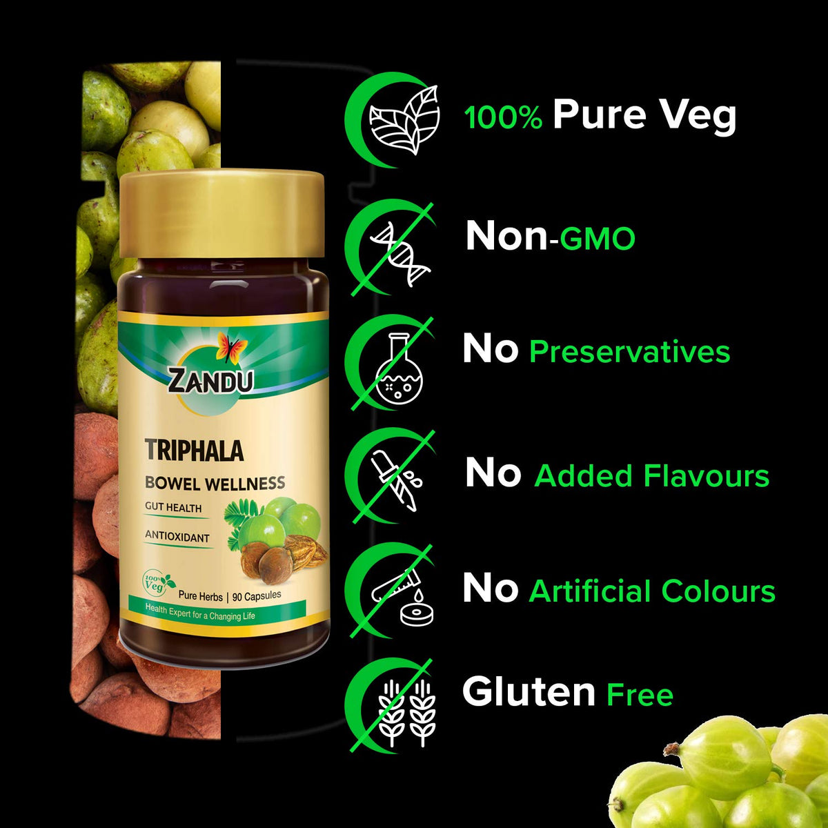 Zandu Triphala Capsules, Supports Bowel Wellness & Healthy Gut, Helps to Boost Immunity & Useful for Digestion, Antioxidant Properties - 90 Veg Capsules