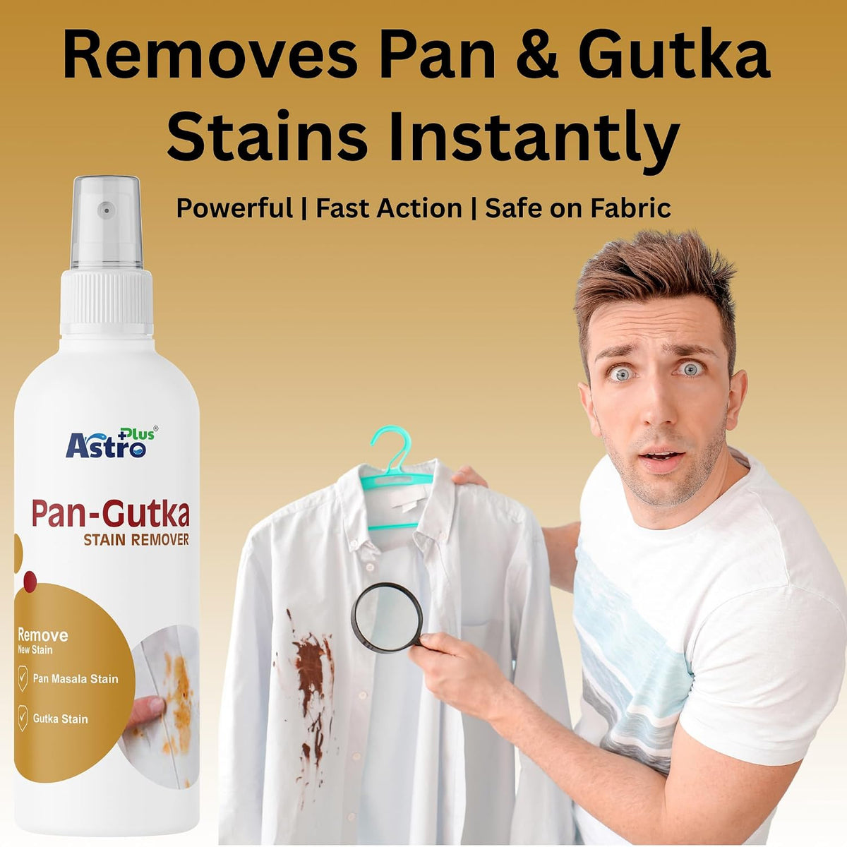 Astro Plus+ 100ml Pan Gutka Stain Remover – Removes Dried Beverage & Food Stains Cleaner, Safe on Colour & Fabrics, Effective Cloth Stain Removal For Everyday Solution | Pack Of 1