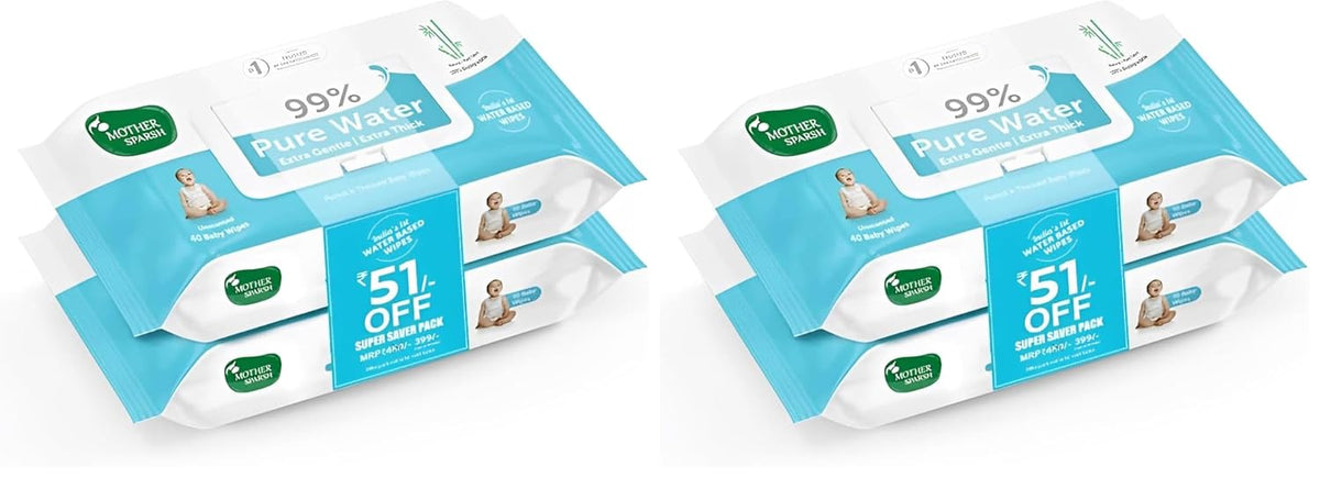 Mother Sparsh 99% Pure Water Baby Wipes (40X2) Super Saver Travel Friendly Combo Pack | Wipes Made with Plant Based Fabric (Pack of 2)