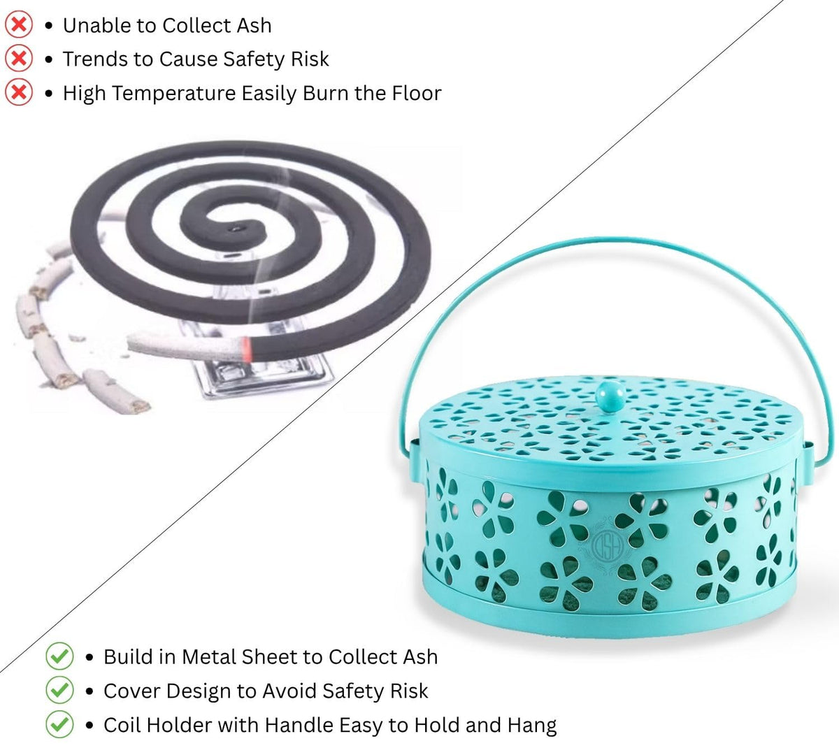 DSH Metal Mosquito Coil Holder with Lid & Handle Ash Catcher Stand for Mosquito Coil Indoor Outdoor Safe Use (Sky)