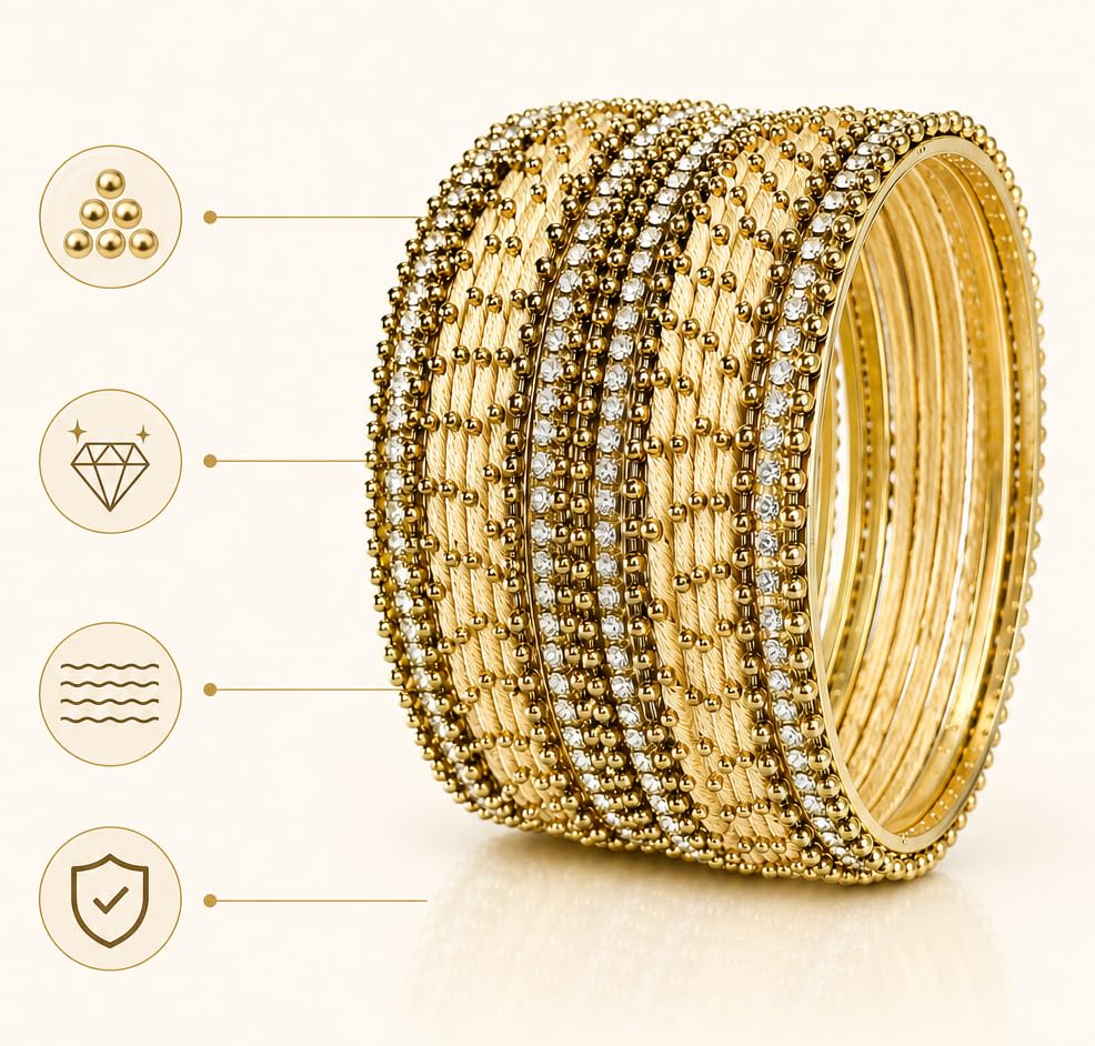 NMII Non-Precious Metal with Base Metal and Zircon Gemstone Studded Ball Chain Linked Glossy Finished Silk thread Bangle set for Women and Girls