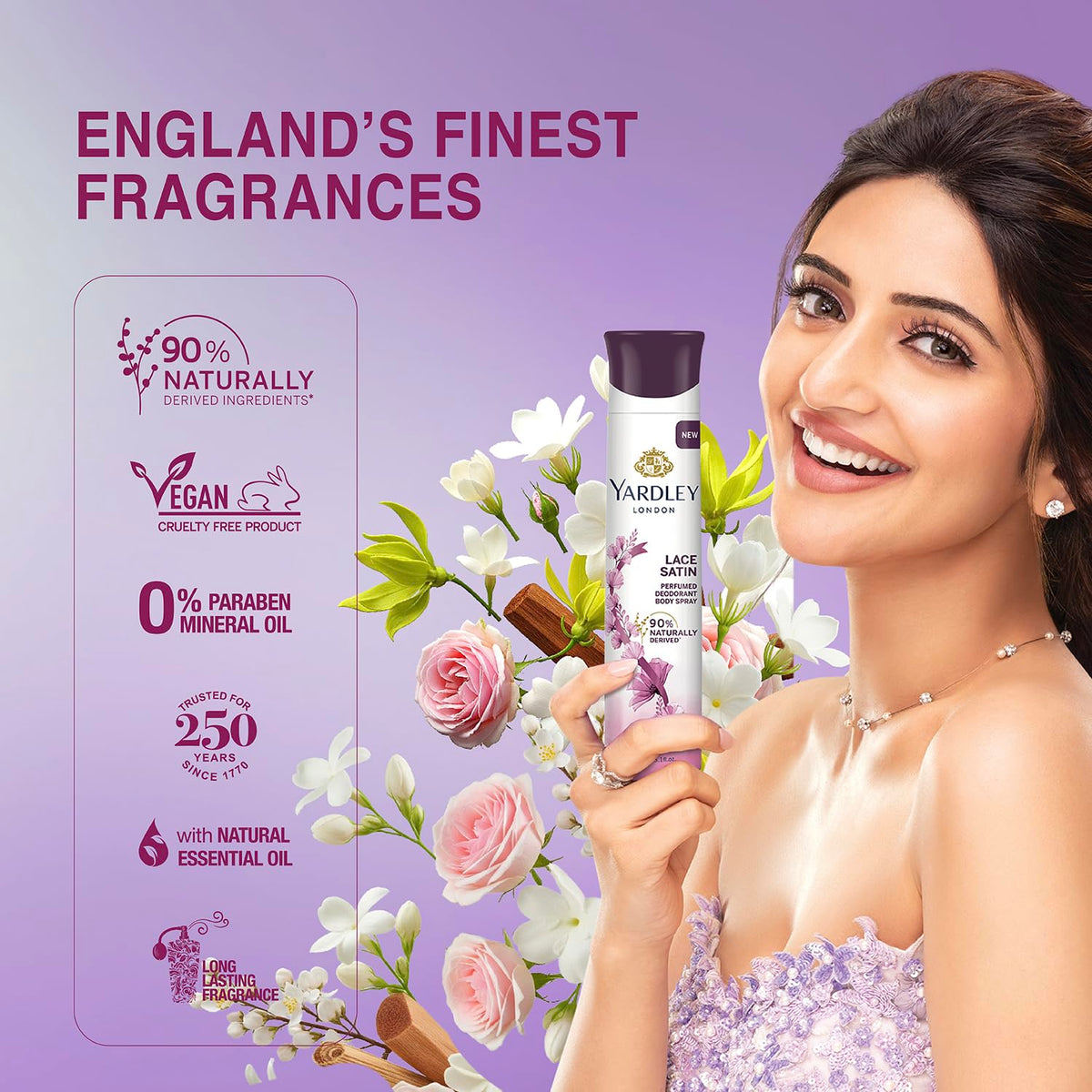 Yardley London Lace Satin Perfumed Deodorant Body Spray| Fresh Floral Scent| 90% Naturally Derived| Deo Spray| Body Deodorant for Women| 150ml