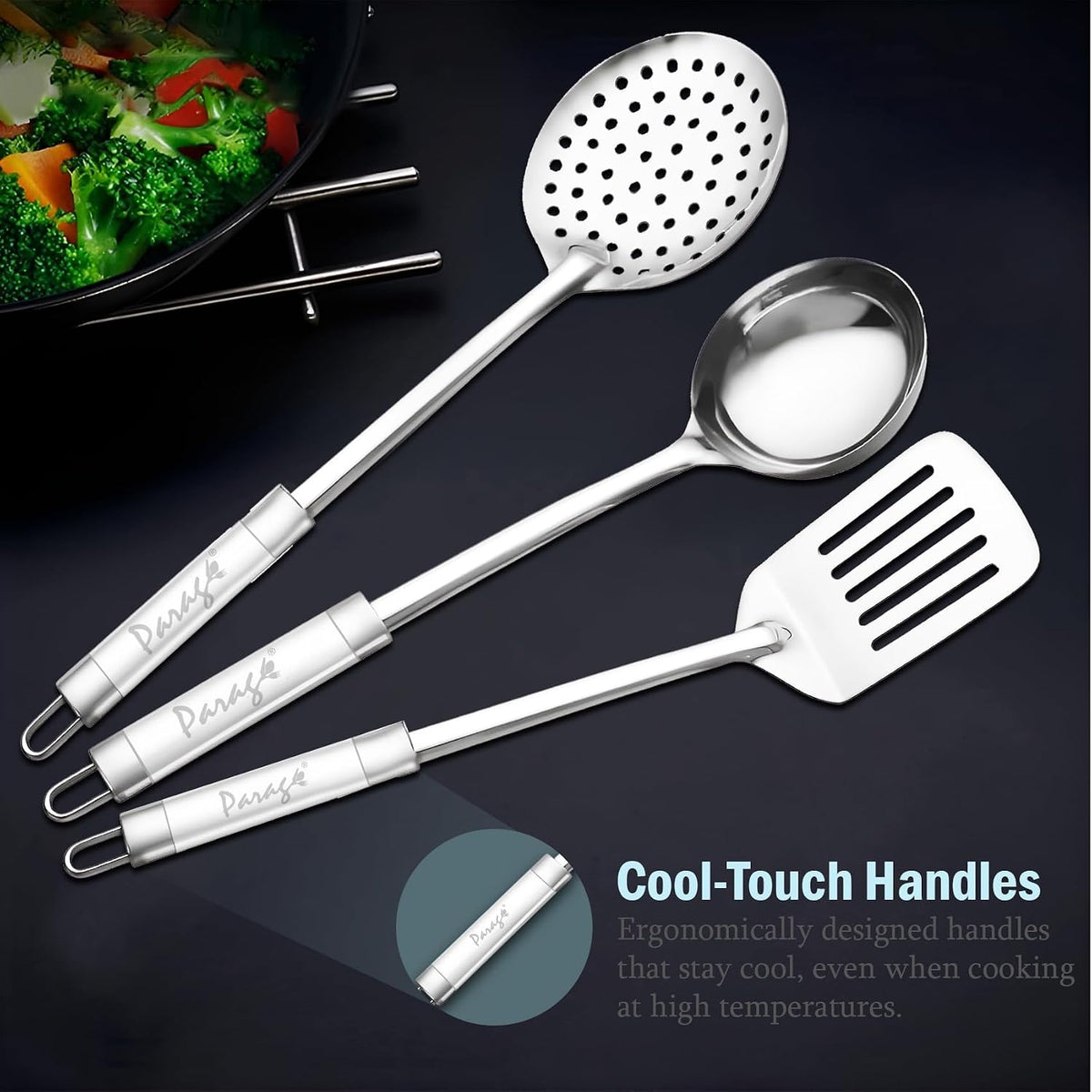 Parage 3 Pieces Stainless Steel Kitchen Tools for Home & Kitchen, Cooking & Serving, Slotted Turner/Spatula (Palta), Skimmer/Jhara/Poni, Ladle(Karchhi), Dual Tone Handle Kitchen Gadgets, Silver