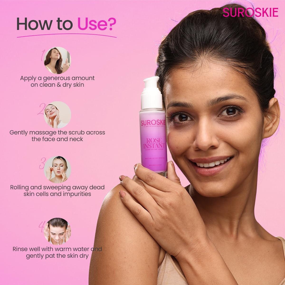 Suroskie K Beauty Combo (Pack of 4) | Rose Instant Face Scrub (50ml) + Rose Petals Melt Cleanser (120ml) + Rosanna Face Mask + Glass Skin Moisturizer | for Men & Women