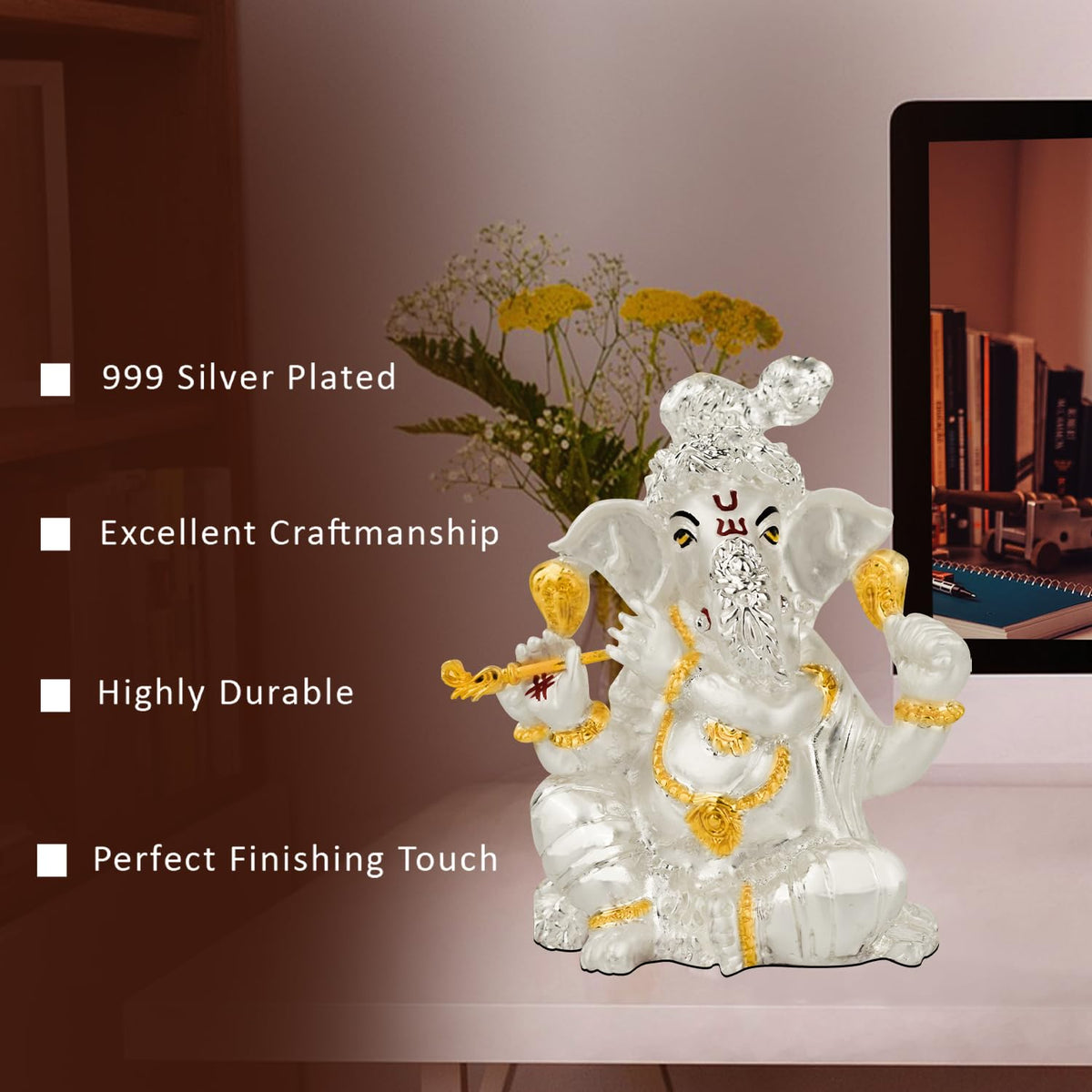 DIVINITI Ganesha Idol for Home Decor Showpiece|999 Silver Plated Statue of Ganesha |GaneshJi Murti for Puja Room, Festival Gift|Lord Ganesh Figurine for Peace & Positivity (11 X 6.5 CM)
