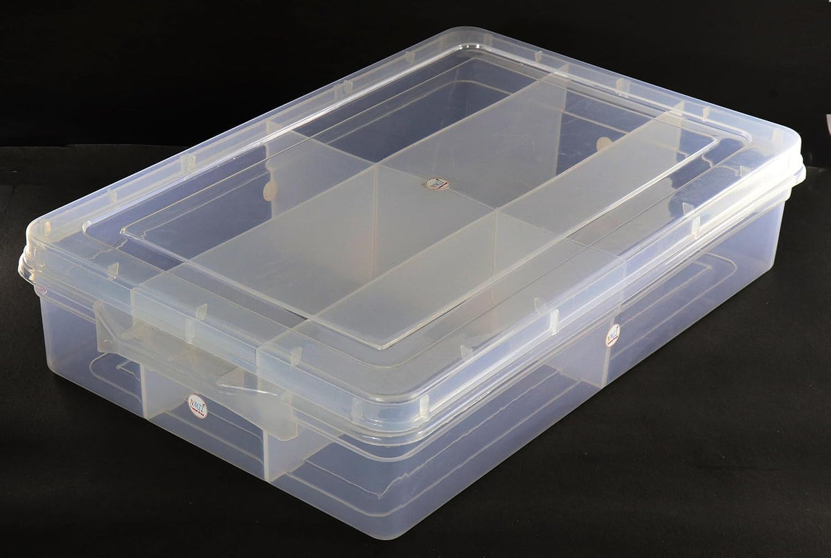 NMII Multipurpose Plastic Storage Box with Partitions | Transparent Organizer with Secure Lid | Ideal for Stationery, Craft Supplies, Tools, and Jewellery, Accessories | Lightweight-(6 Partitions)