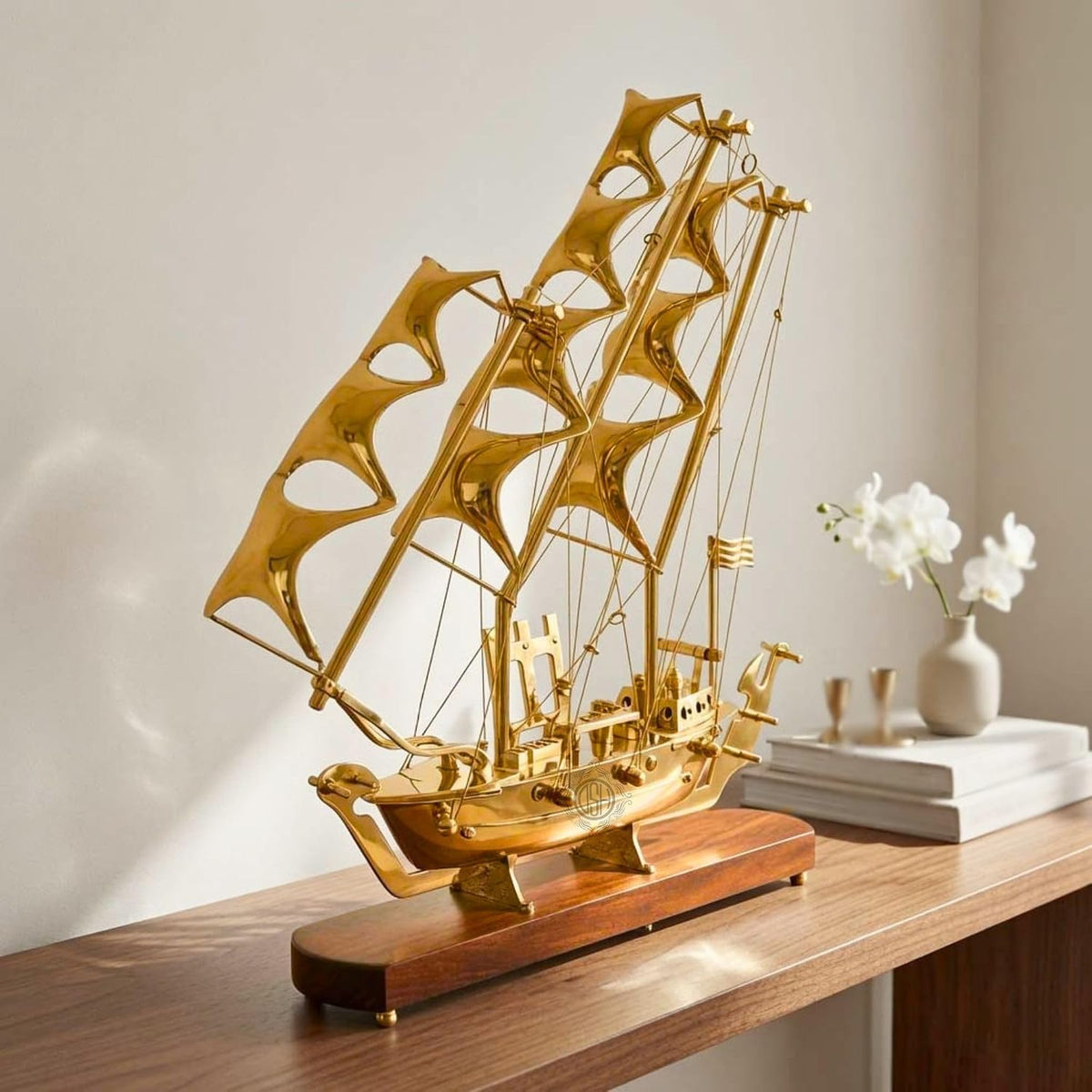 DSH Pure Brass Ship with Wooden Base Showpiece Item Perfect for Home Decoration and Gifting. (10 Inch)