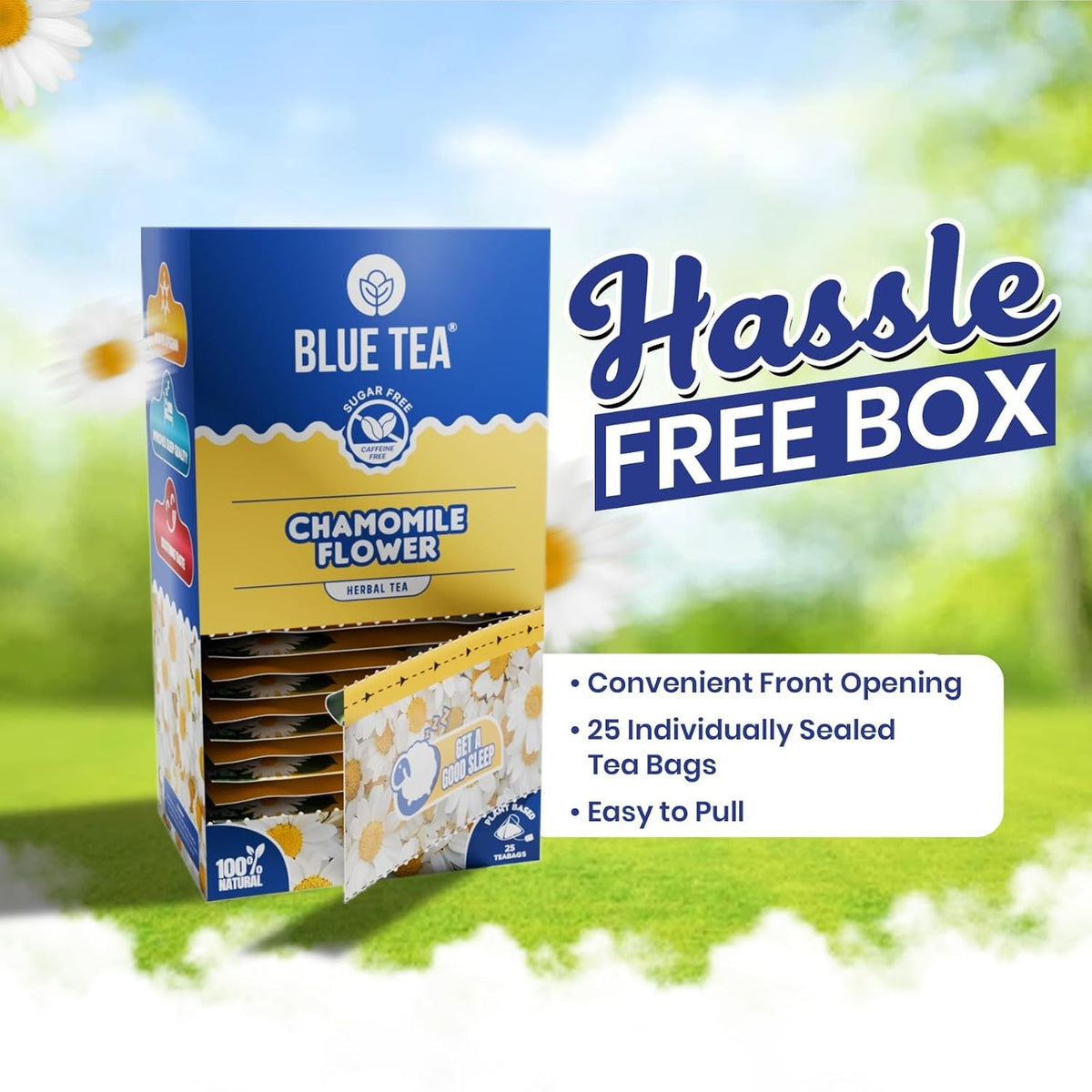 BLUE TEA - Chamomile Tea For Sleep - 25 Tea Bags - Plant Based | Get a good Sleep | Relaxation | Stress Relief | Caffeine Free - Flower Based - Herbal Tea | Single Tear Tea Box | Easy Pull Sachets