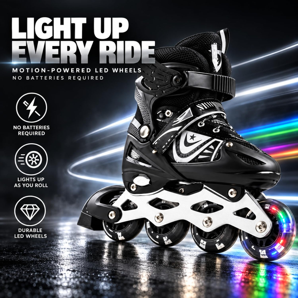 Toy Imagine Adjustable Inline Skates for Kids & Adults, Ages 6-18, Black