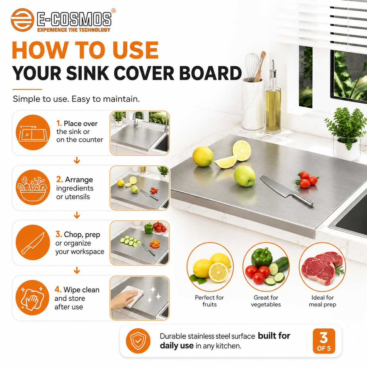 E-COSMOS® Large Stainless Steel Cutting Board for Kitchen,Chopping Board for Meat, Vegetables & Fruit, Extra Large Heavy Duty Countertop Surface, Easy to Clean & Durable