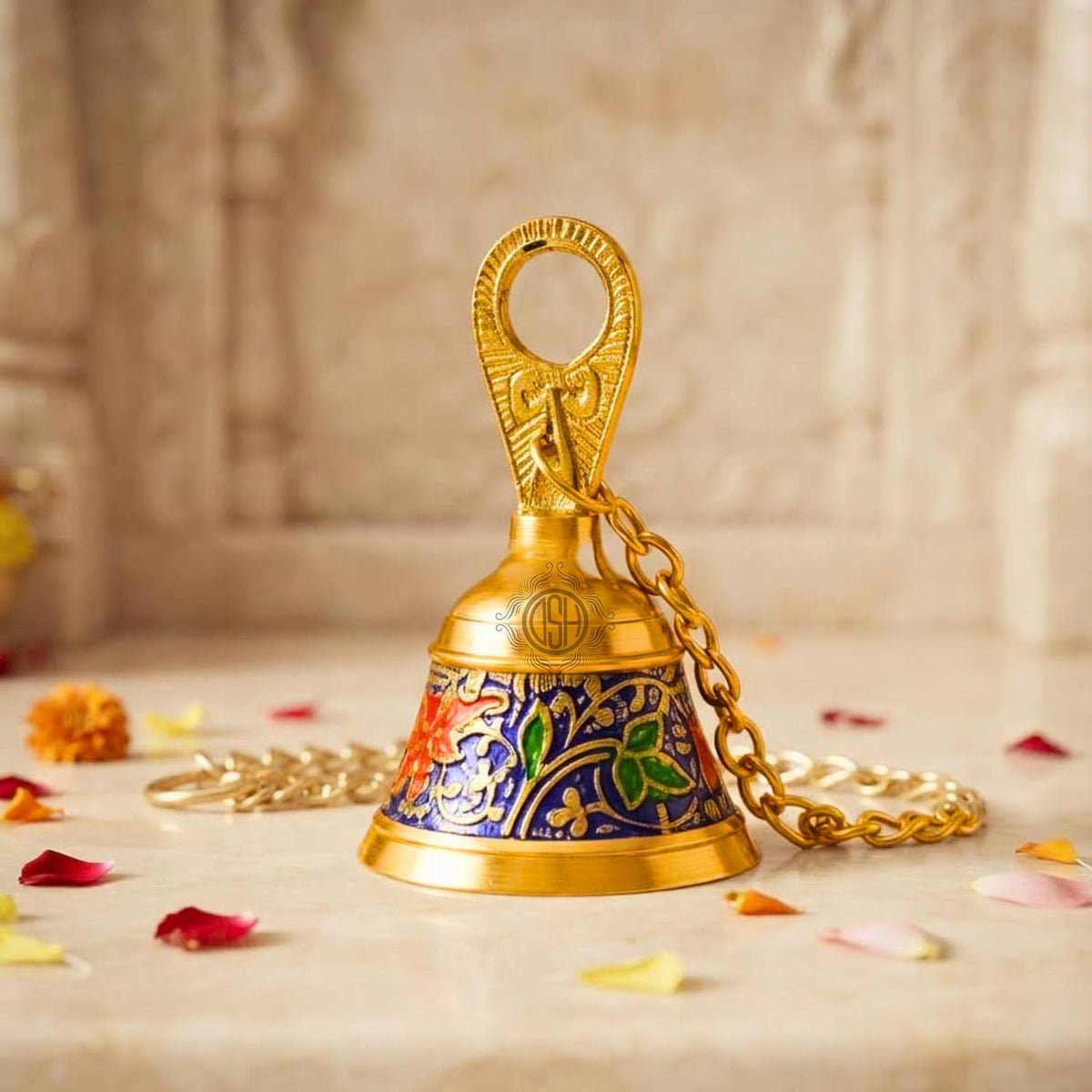 DSH Pure Brass Hanging Bell with Chain for Temple Mandir Door Home Decorative Ringing Bell (Bule, 1)