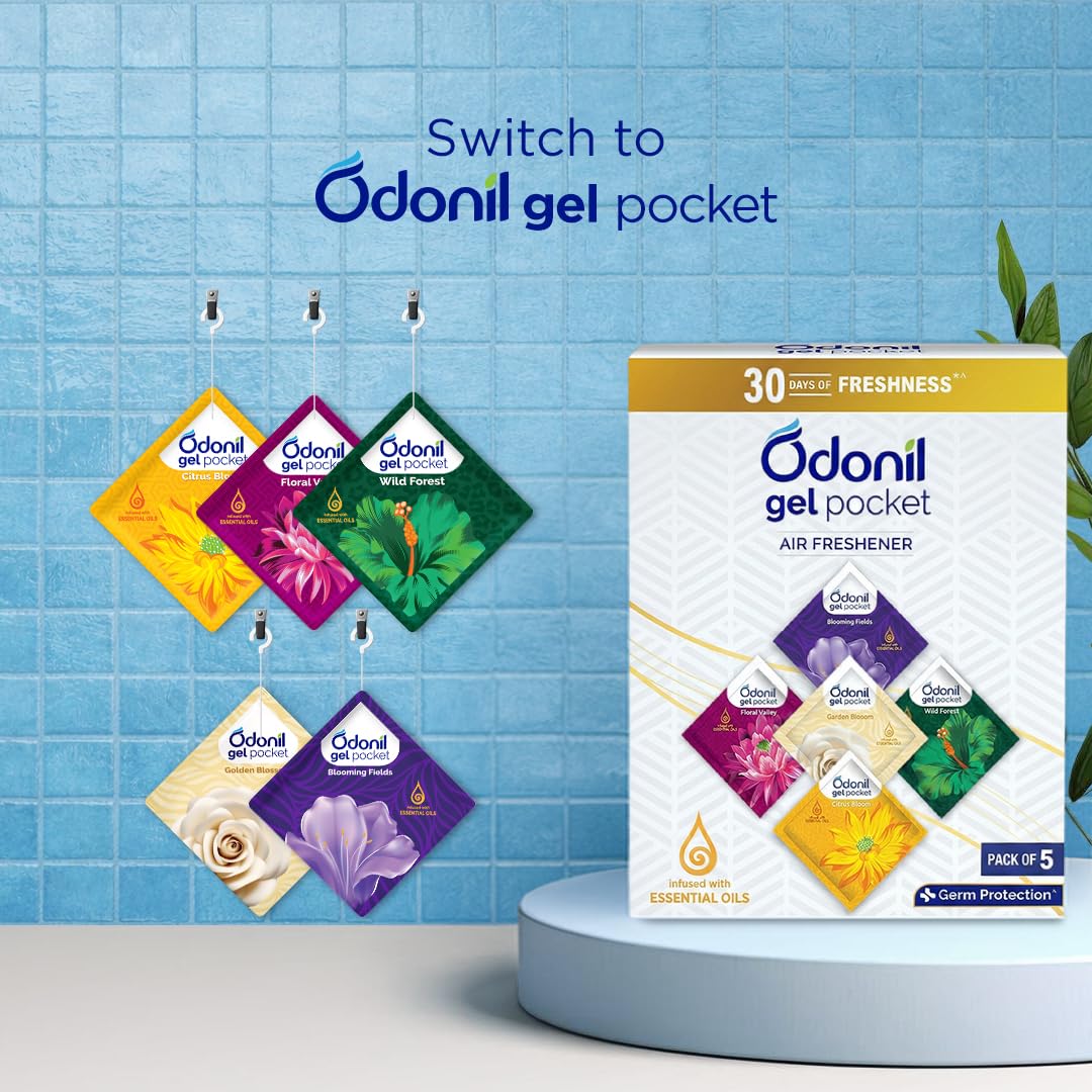 Odonil Gel Pocket – 50g (10g X5) | Pack of 5 Assorted Fragrances | Infused with Essential Oils | Germ Protection | Lasts Up to 30 Days | Air Freshener for Bathroom, Toilet, Home & Office.