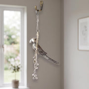 KridayKraft Silver Plated Tikona Parrot Metal Hanging Décor with Chains and Bells | Traditional Indian Wall Hanging Showpiece for Living Room, Home Entrance & Vastu (22 cm x 12 cm)