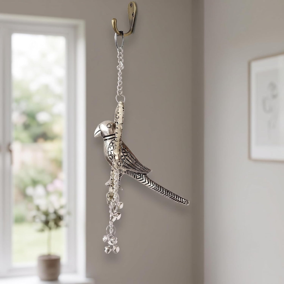 KridayKraft Silver Plated Tikona Parrot Metal Hanging Décor with Chains and Bells | Traditional Indian Wall Hanging Showpiece for Living Room, Home Entrance & Vastu (22 cm x 12 cm)