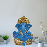 DIVINITI Gold Plated Lord Ganesha Idol for Home Decor Puja, Office & Home Shelves, Diwali Puja, and Gifting |Ganpati Murti Sculpture & Religious 3.5 Inches (8.89 x 5.08 cm) (Mukut Gold Blue)