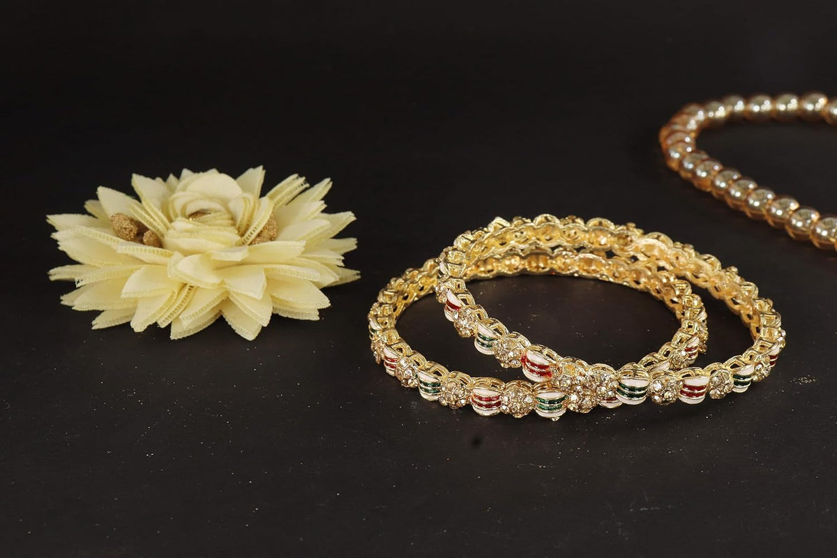 NMII Golden Metal Bangles Set For Women & Girls with Zircon Diamond Stone | Traditional Rajwadi Girl's Bangles Kangan | Fancy Women's Fashion Jewellery | Perfect for Wedding, Party, Festive- Set of 4