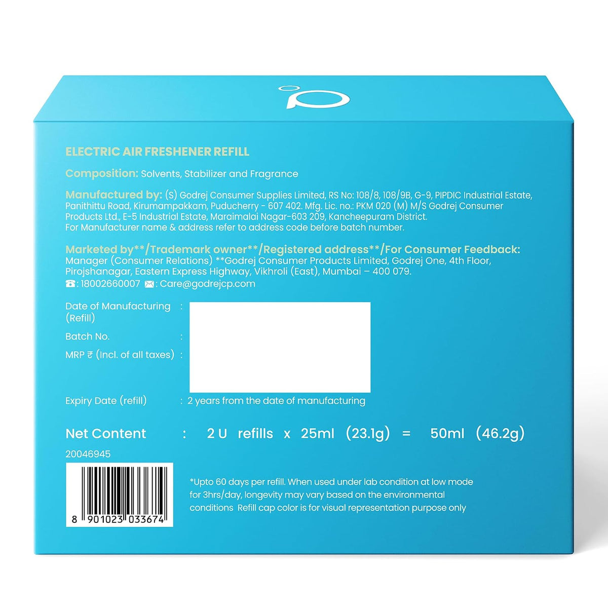 Godrej aer Plug Electric Air Freshener 2 Refills (25ml each) | Fresh Wind | Lasts up to 120 days