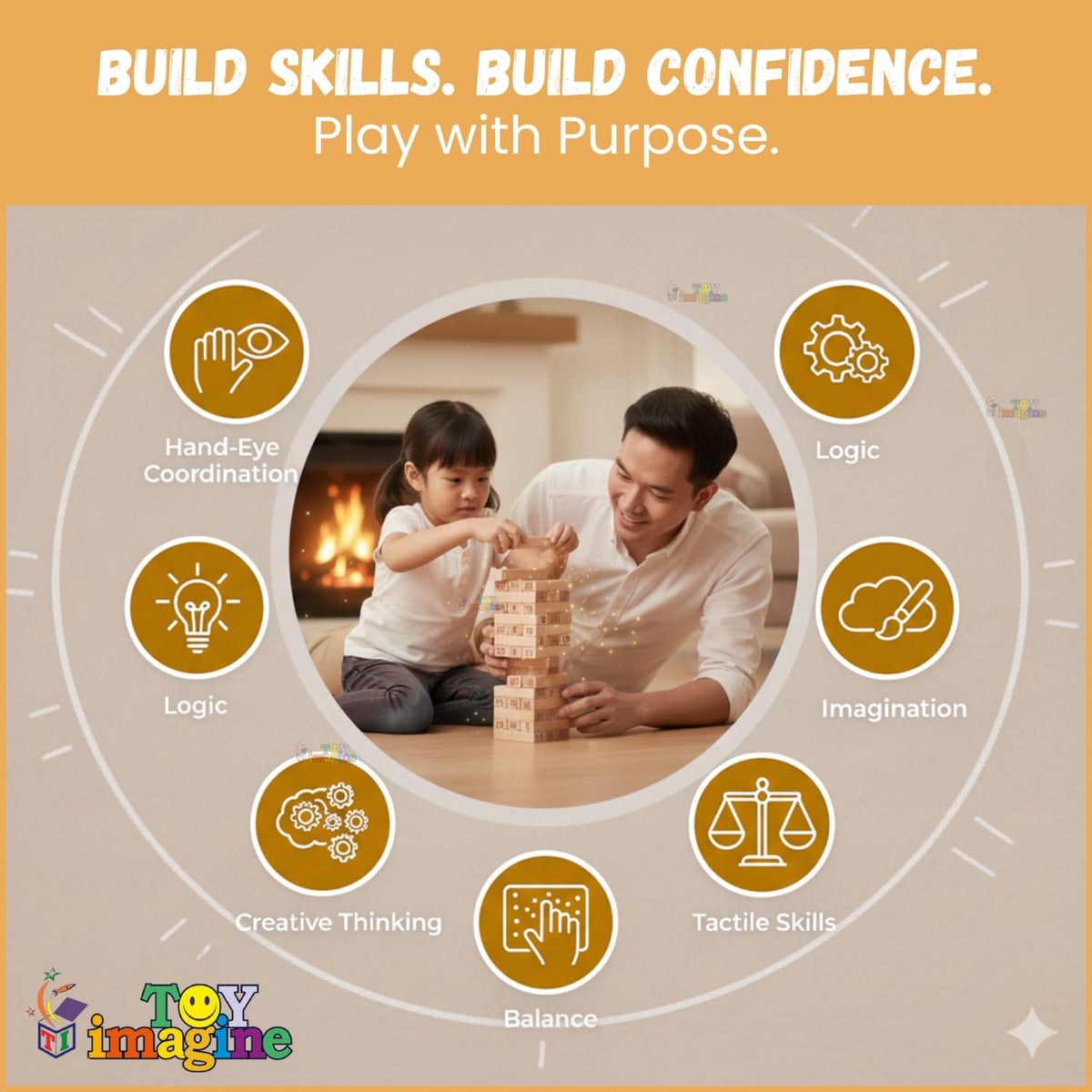Toy Imagine 54 Pcs Wooden Tumbling Tower Game – Indoor Stacking Puzzle Blocks for Kids, Adults & Families – Fun Balancing Toy for Boys & Girls of All Ages – Party Game & Brain Teaser