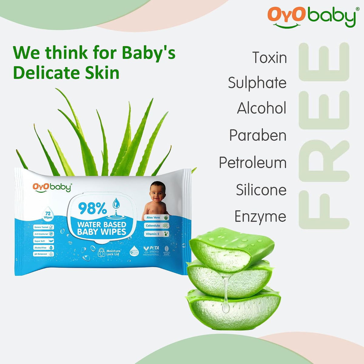 OYO BABY Pure Water Baby Wipes 98% - Gentle and Refreshing Wet Wipes for Your Newborn pack of 3x72 Pcs with Lid