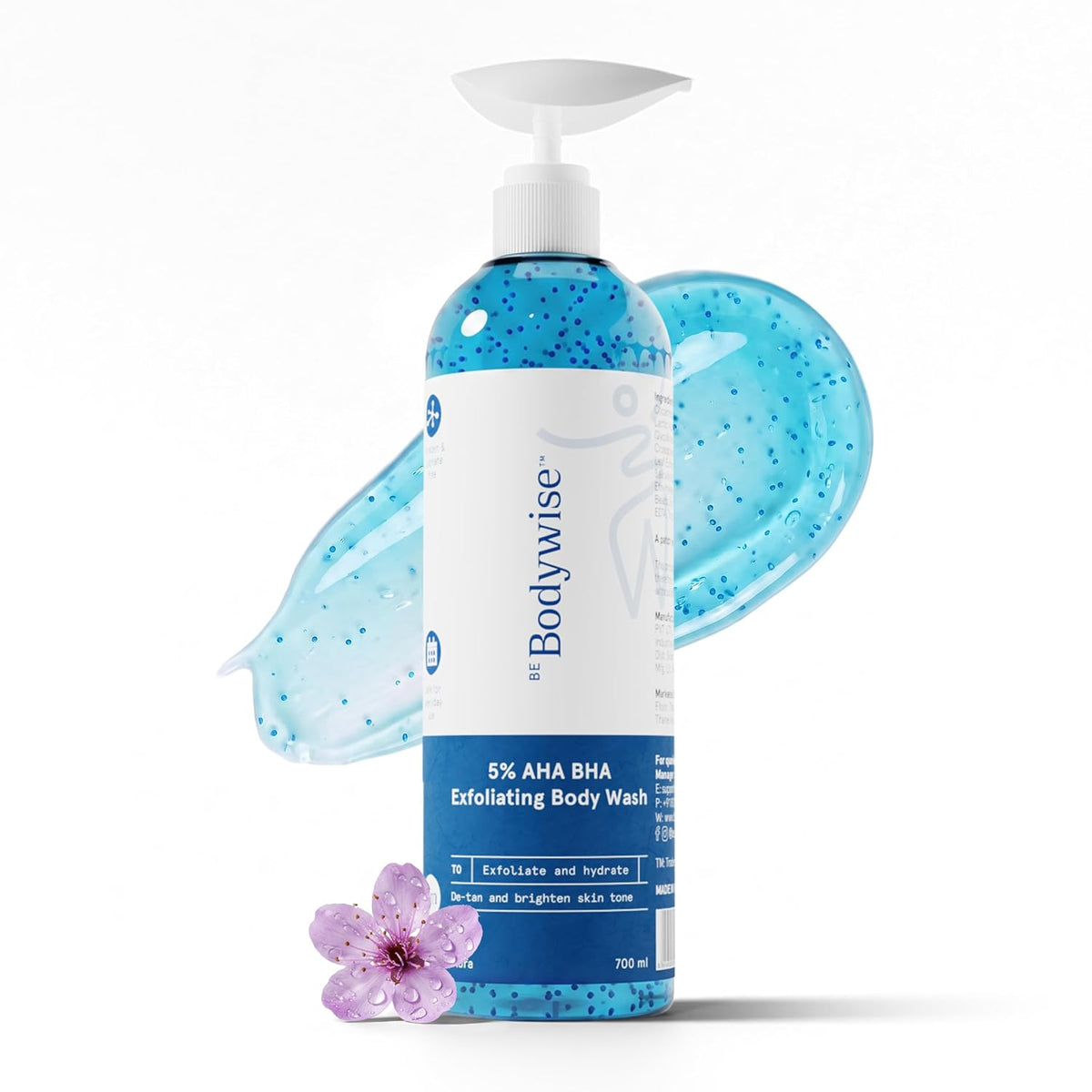 Be Bodywise 5% AHA BHA Exfoliating Detan Body Wash (Flora Fragrance) 700ml | For Body Acne, Strawberry Skin, De-Tan | 3% Lactic Acid, 1% Salicylic Acid, 1% Glycolic Acid | Non-Drying, Paraben Free
