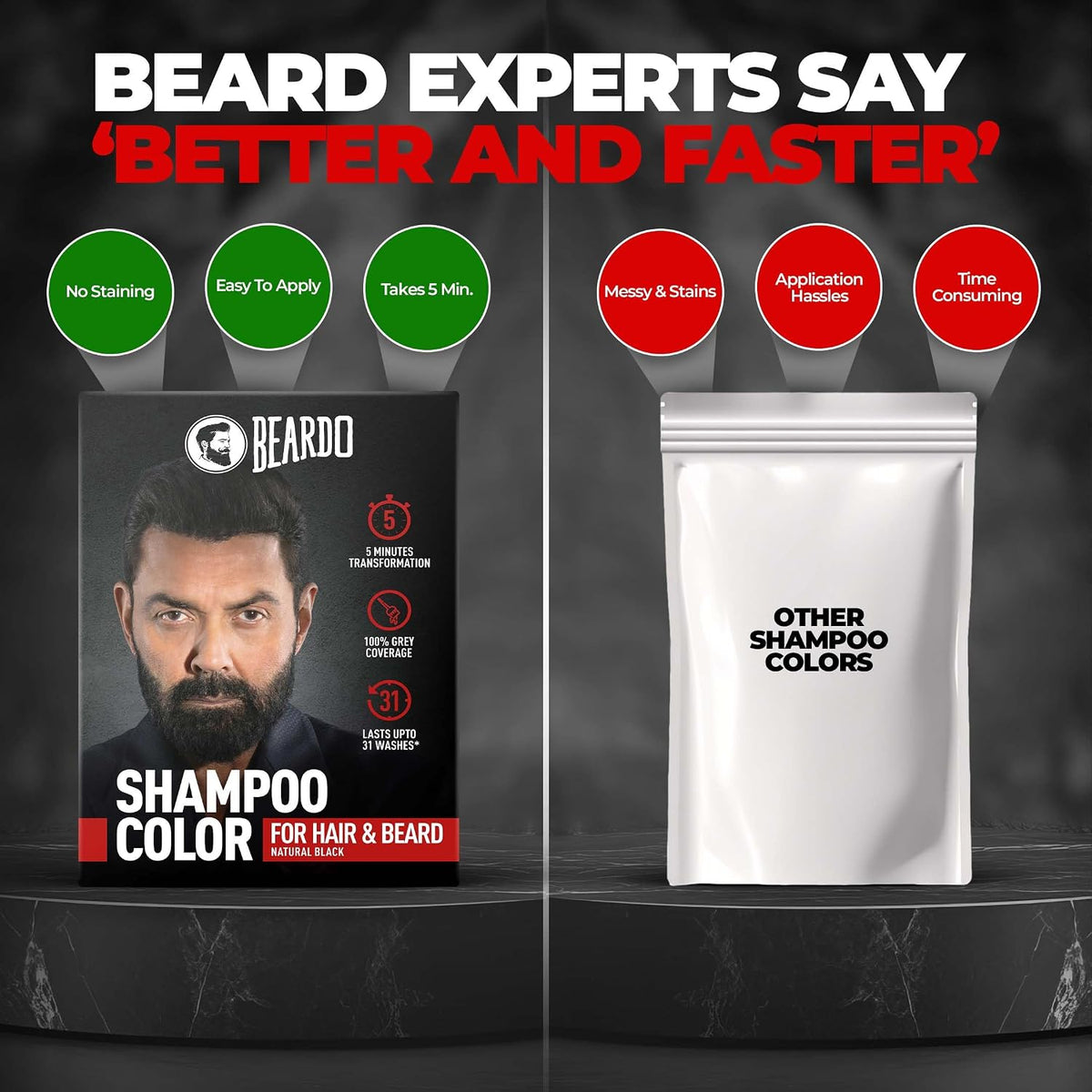 BEARDO Beard & Hair Shampoo Color | Natural Black | 100% Grey Coverage | 5 Minute Hair Colour | Ammonia Free | With Natural Actives | No Stain Beard Colour | 20ml X 5