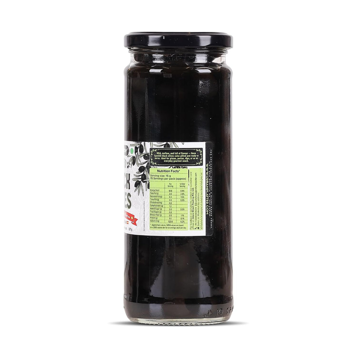 Urban Platter Pitted Black Spanish Olives, 430g (Whole & Seedless | Rich Mediterranean Taste | Ideal for Pizzas, Salads, Pasta & Snacking)