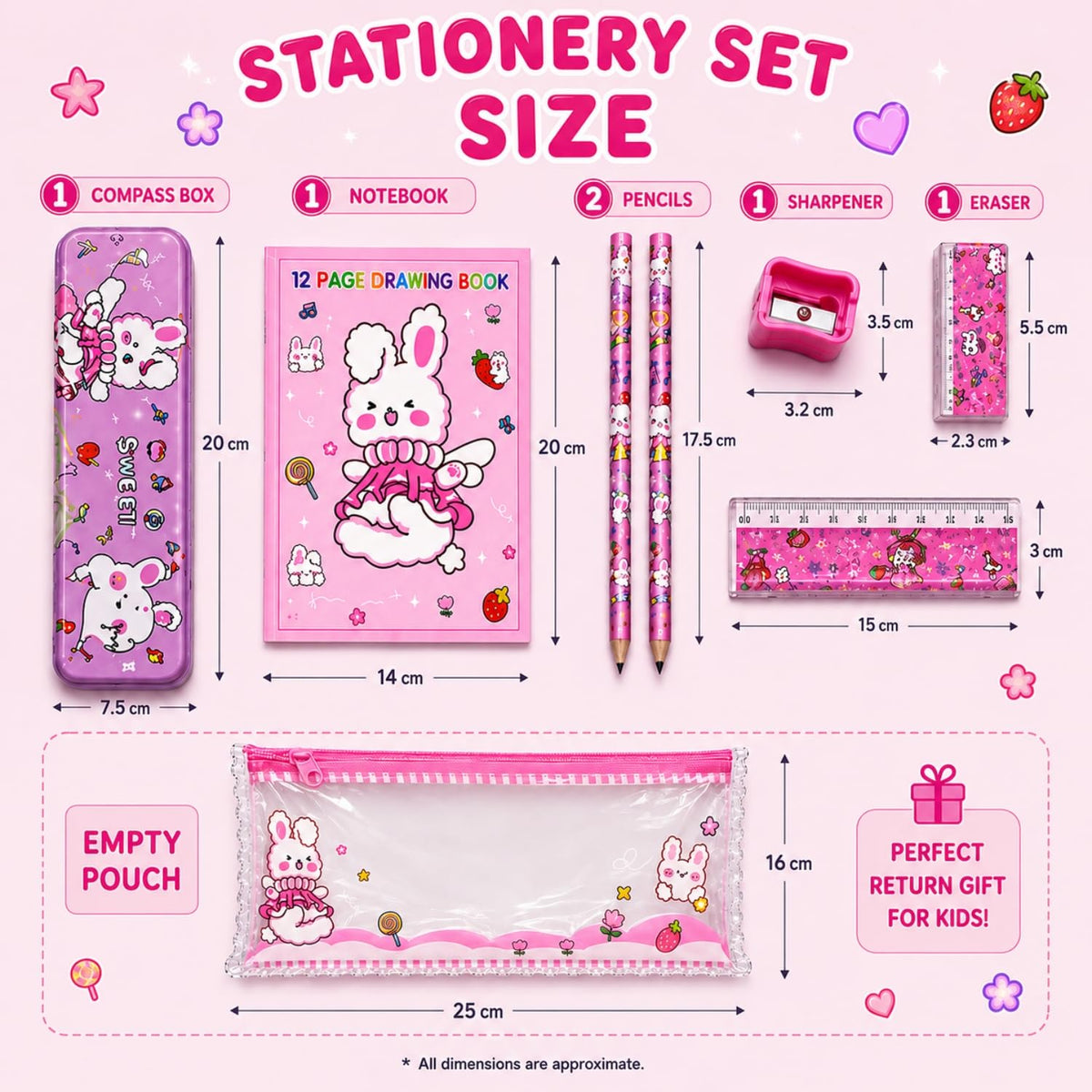 Toy Imagine Kids Stationery Kit for Birthday Return Gift | Pencils, Eraser, Scale & Sharpener | Ideal for School, Party Distribution, Kanjak, Festivals & Classroom Gifts (Pack of 8)