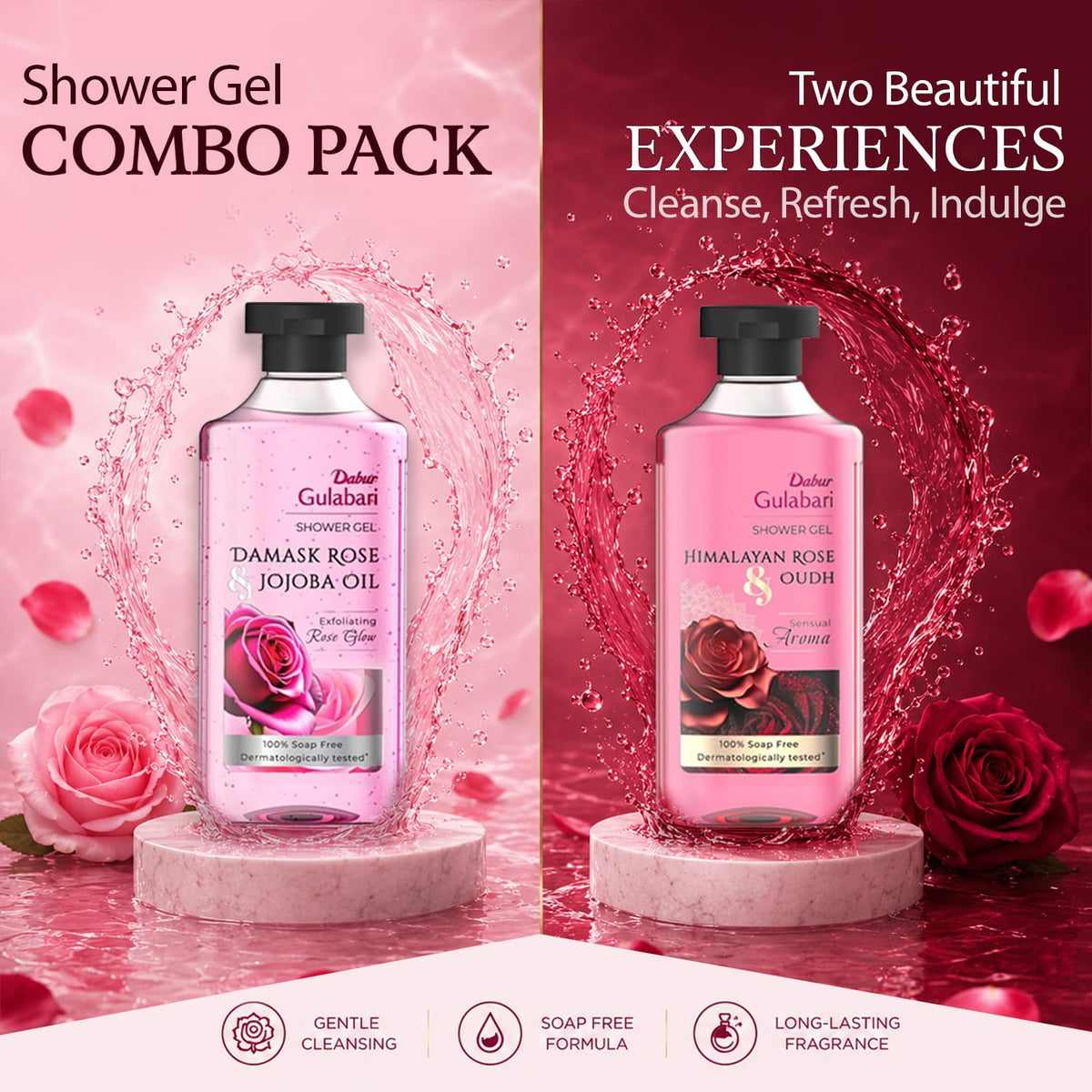 Dabur Gulabari Heavenly Rose & Oudh Shower Gel, 250 ml with Gulabari Damask Rose & Jojoba Shower Gel, 250 ml (Pack of 2)