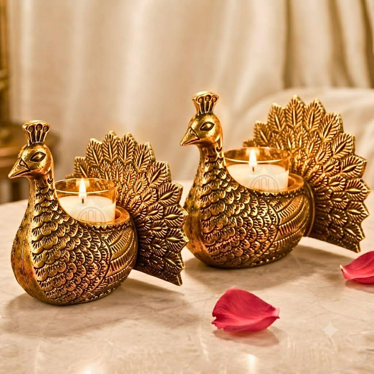 DSH Decorative Dancing Peacock Tealight Candle Holder Set of 2 with Glass Votive Antique Gold Metal Candle Stand for Home Decor, Table Centerpiece, Diwali & Gifting