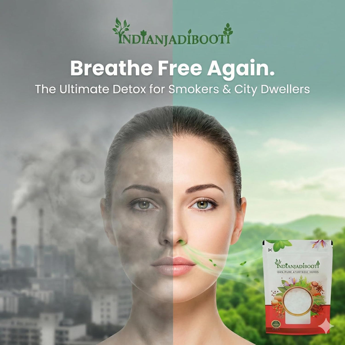 IndianJadiBooti Lung Detox Powder (Swas Collection) Pushkarmool 2X Blend – For Smokers & Pollution Defense – Vasa, Kantakari & Tulsi Mix – Natural Respiratory Support & Breath Ease – 200g Pack