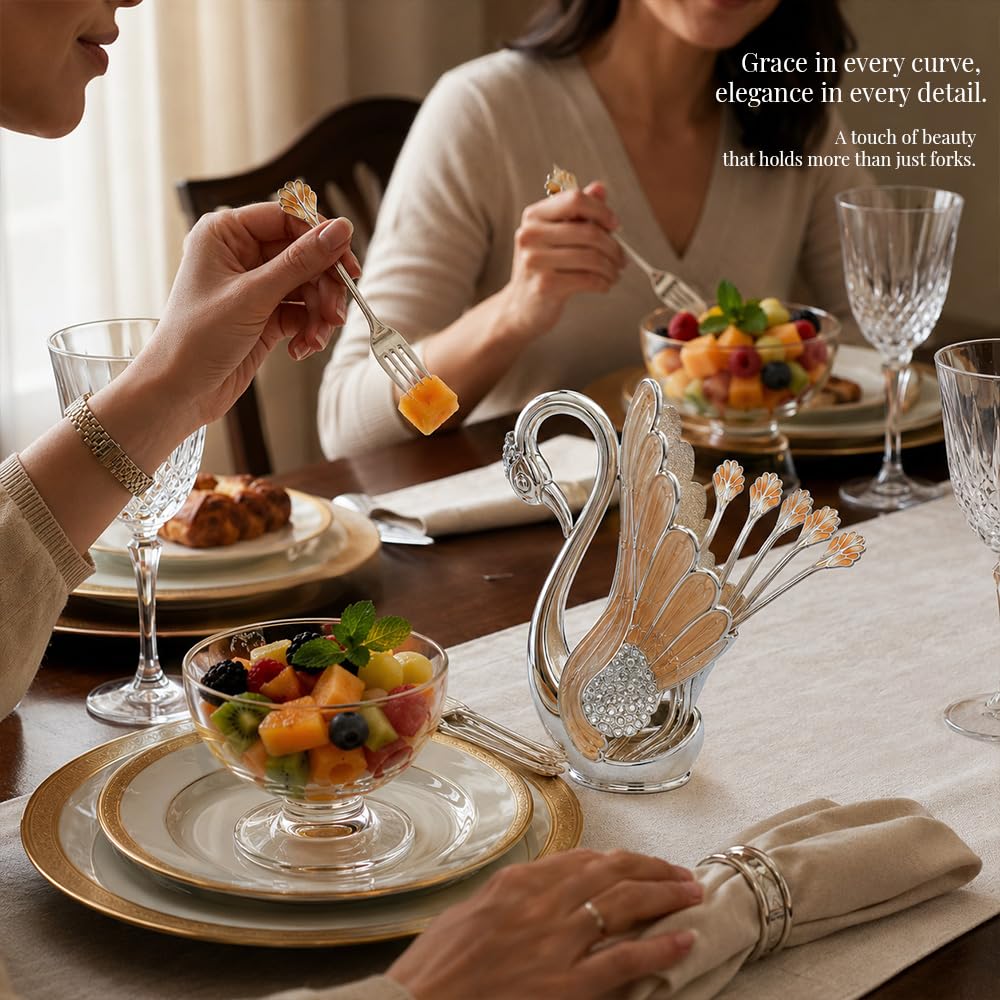 Diviniti Decorative Swan Fork Holder with Fork Set | Elegant Silver & Gold Finish | Tabletop Dining Organizer | Home Décor & Dining Table Accessory