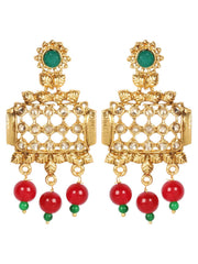 Priyaasi Gold-Plated Leaf Pattern Maroon Beaded Drop Earrings