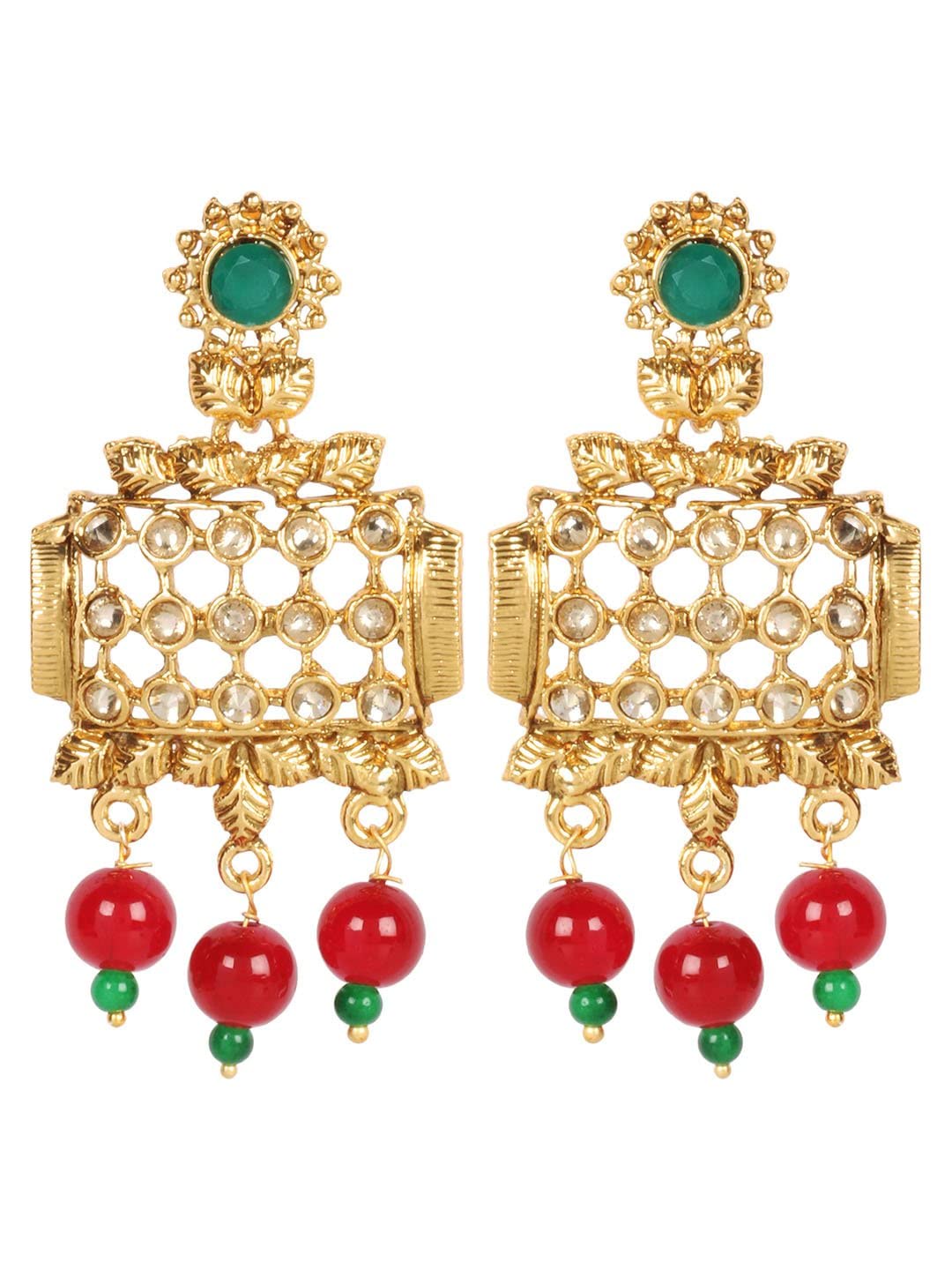 Priyaasi Gold-Plated Leaf Pattern Maroon Beaded Drop Earrings