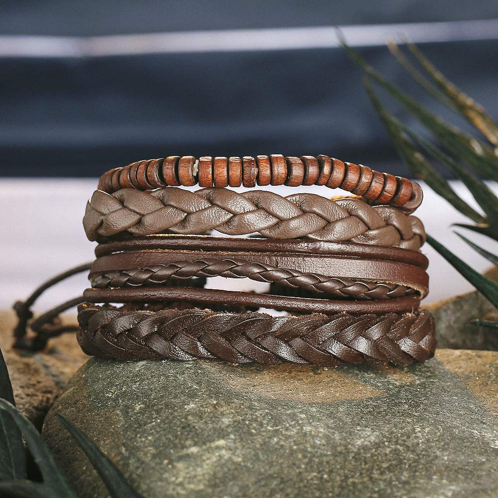 Shining Diva Fashion Brown Leather Stylish Bracelets for Men and Boys (Set of 4) (9891b)