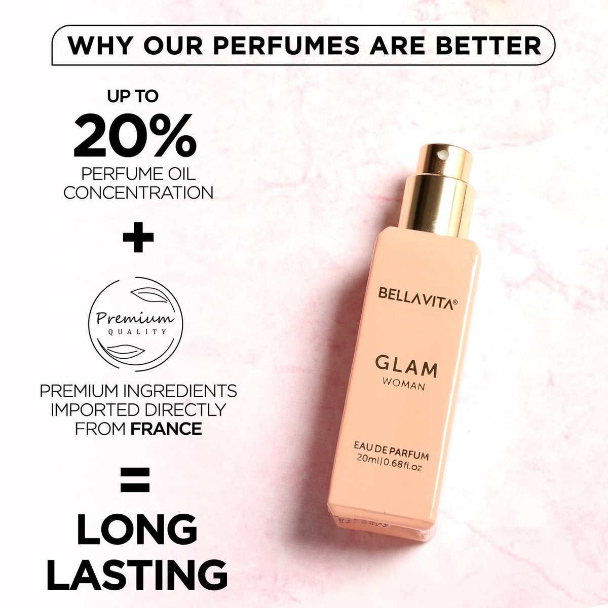 Bella Vita Luxury GLAM | Long Lasting Liquid EDP 20ml for Woman | with African Orange, Jasmine and Patchouli | Floral and Woody Premium Fragrance for Women (Pack of 1)