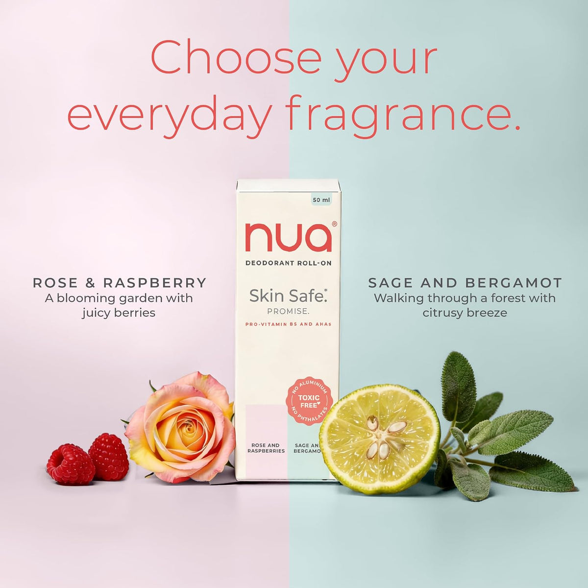 Nua Deodorant Roll-On (Rose & Raspberry) | Skin-safe | Protects Skin Barrier | Prevents Odour | No Aluminium No Pthalates | 50 ml