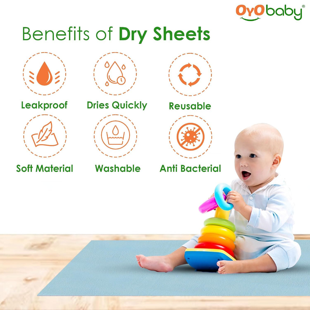 OYO Baby Instadry Anti-Piling Fleece Extra Absorbent Quick Dry Sheet for New Born Babies, Bed Protector Mattress, Reusable Waterproof Baby Cot Sheet for Toddler Infant, Large Size 140x100cm, Blue