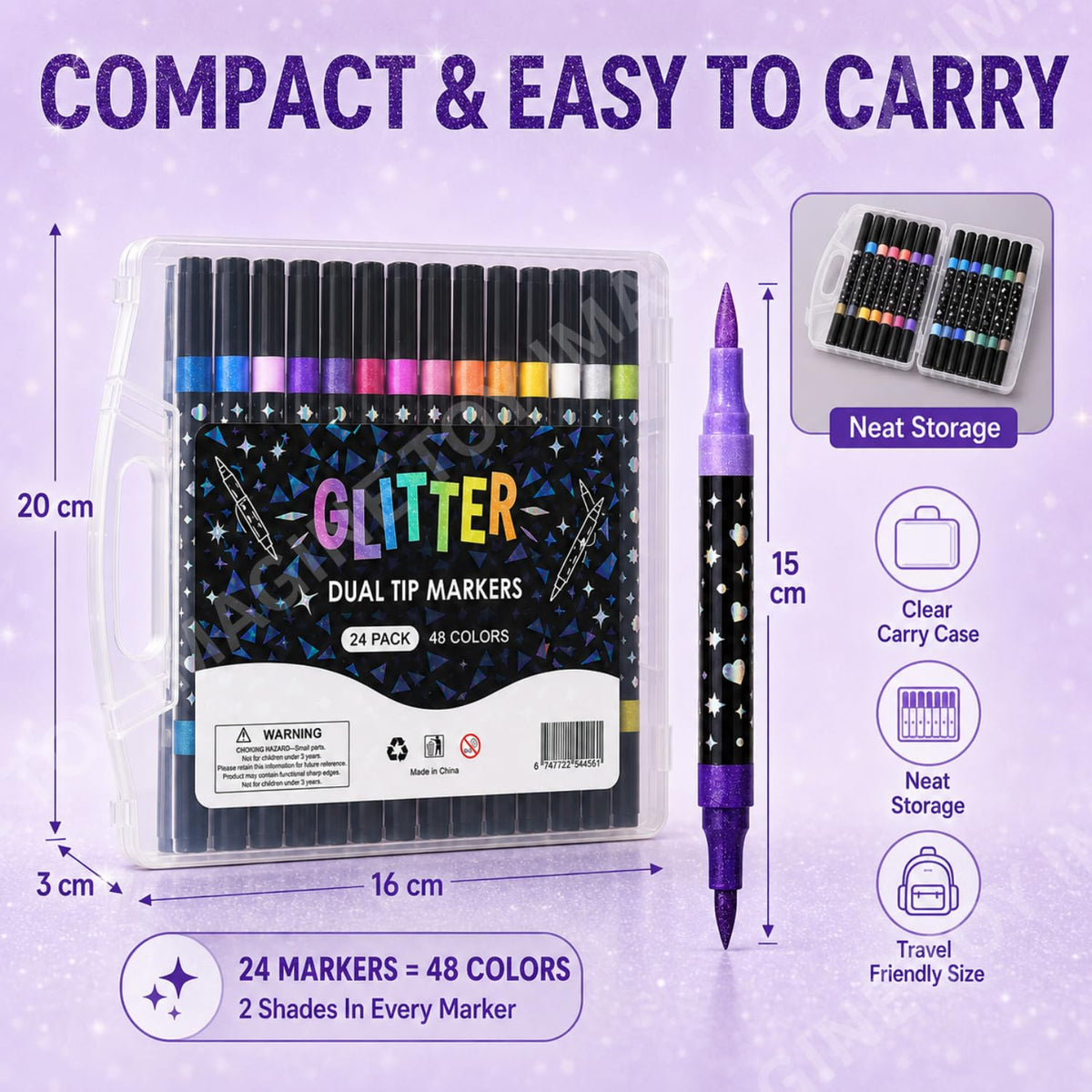 Toy Imagine 48-Colour Glitter Marker Pens, Dual-Tip Brush & Fine Tip