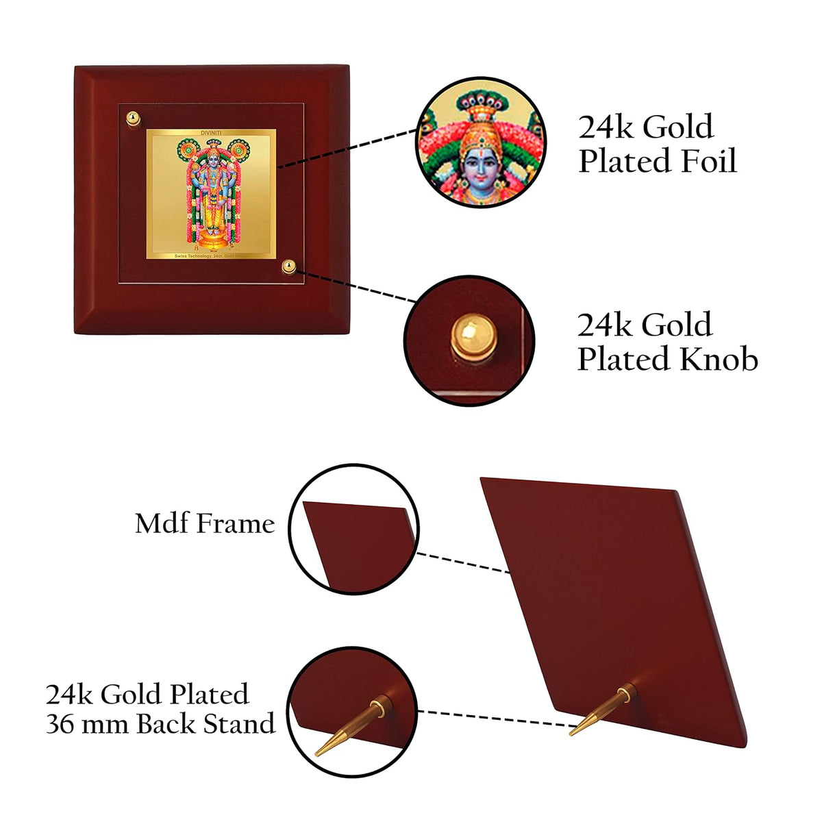 DIVINITI Guruvayurappan Swamy 24K Gold Plated MDF Photo Frame|Premium Religious Table Top Frame for Home, Office & Prayer Room|Luxury Spiritual Gift Item for Housewarming, Festive Gifting| 10 x 10 CM